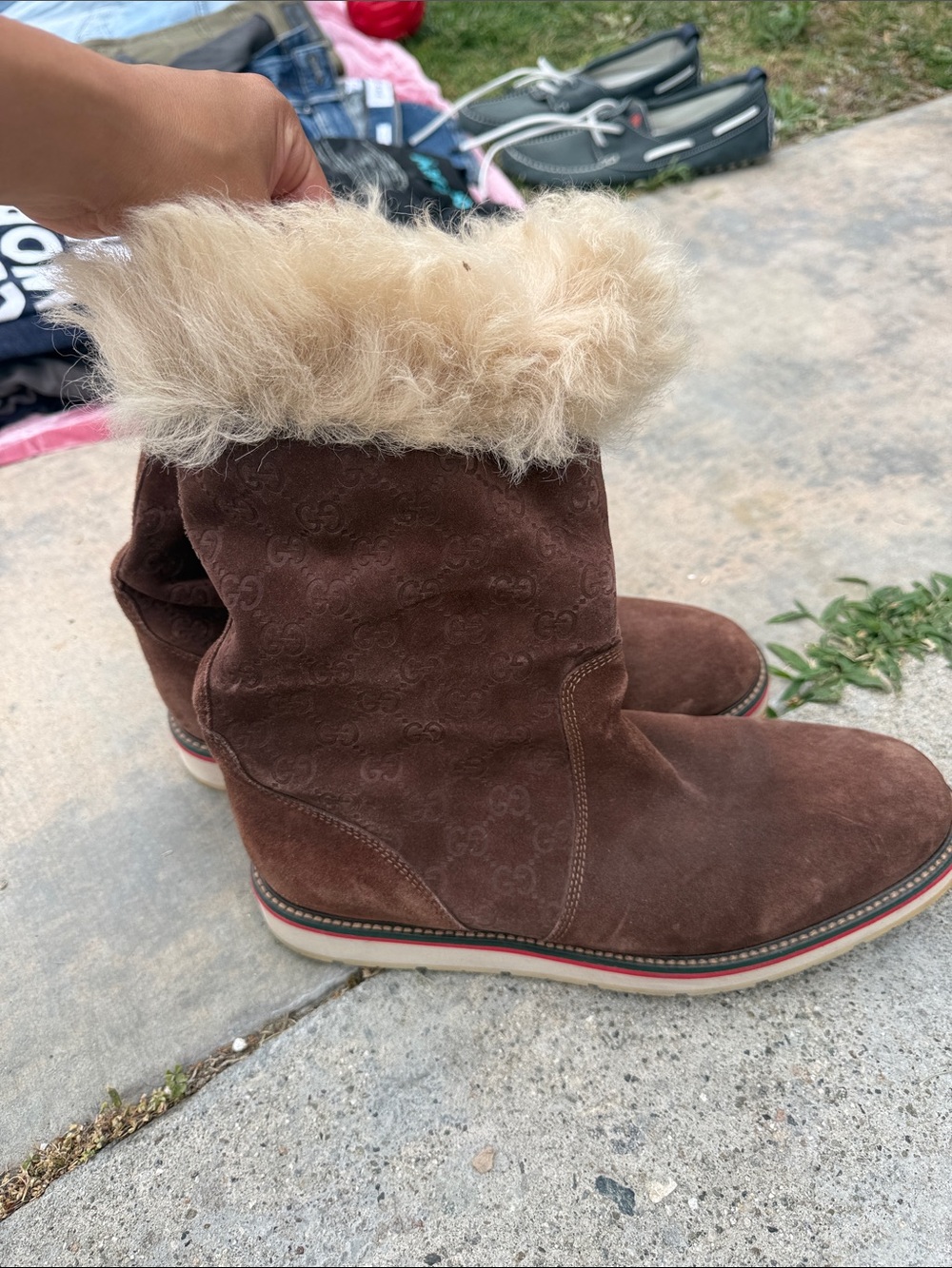 Gucci Brown Suede Fur-Trim Mid-Calf Boots